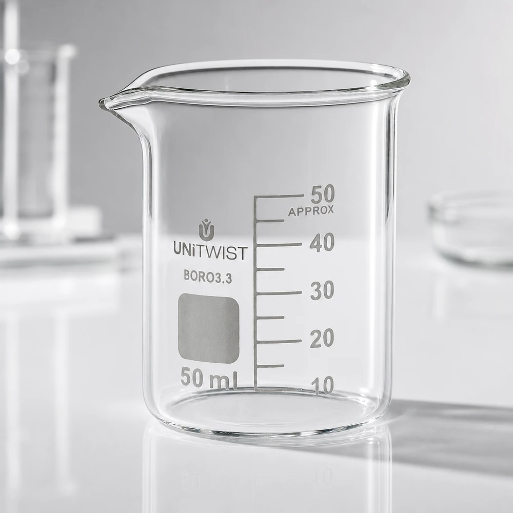 Bägare 50ml borosilikat, lågformad UNiTWIST Tomt, genomskinligt bägarglas, 50 ml, låg form, UNiTWIST BORO 3.3, på en vit laboratorieyta