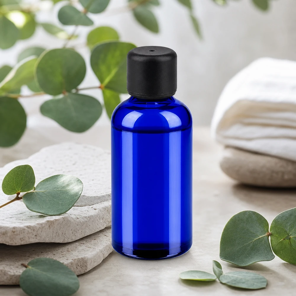 50ml flaska 6mm skruvkork svart standard BlueLine UT18/50 Kompakt 50 ml glasflaska i elegant blått med praktiskt dropplock för serum och tinkturer