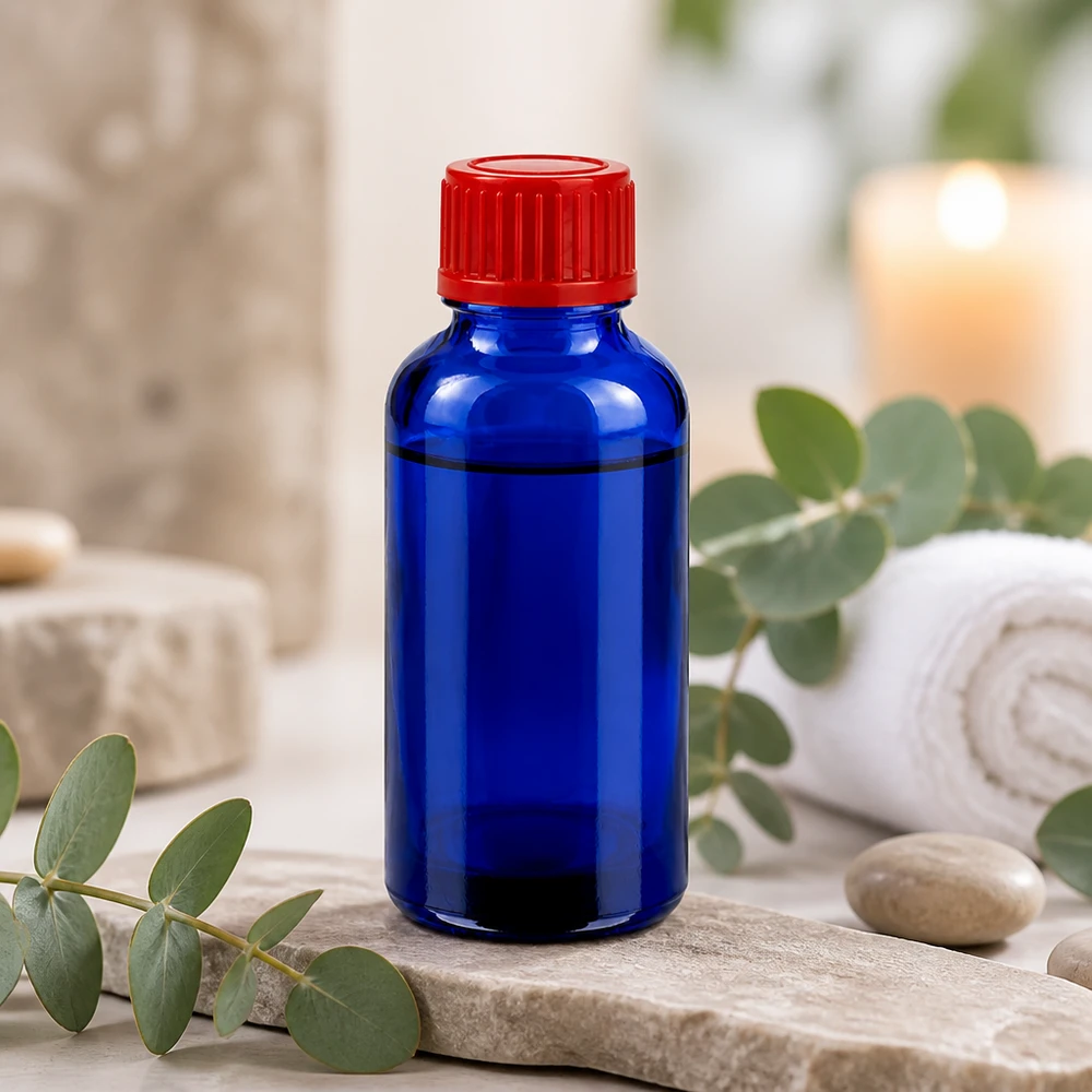 Kompakt 30 ml apoteksflaska av blått glas med barnsäkert rött skruvlock