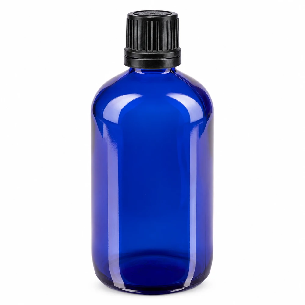 Apoteksflaska blå 100ml skruvkork svart hällring manipulationsskyddad förslutning 100 ml blå apotekarflaska i glas med svart originalförslutning, 8 mm