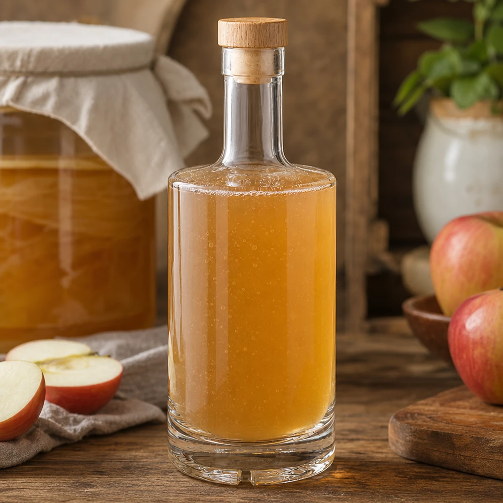 500 ml glasflaska Nora med kork med trähandtag UNiTWIST® 500ml Nora glasflaska fylld med äppeljuice i rustikt kök med äpplen och träkork UNiTWIST