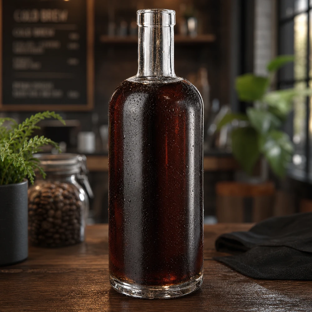 750 ml glasflaska Emma utan lock UNiTWIST® 750 ml Emma glasflaska fylld med mörk whisky i ett rustikt kök med vattendroppar på ytan