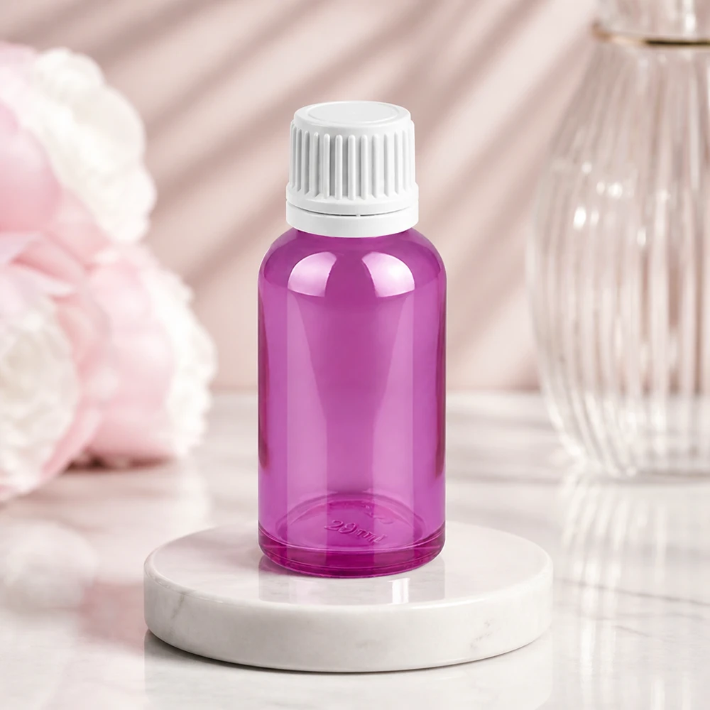 30ml flaska 11mm skruvkork vit Originality skruvkork PurpleLine UT18/30 30 ml flaska med 11 mm öppning i violett färg för exakt dosering av hudvårdsprodukter