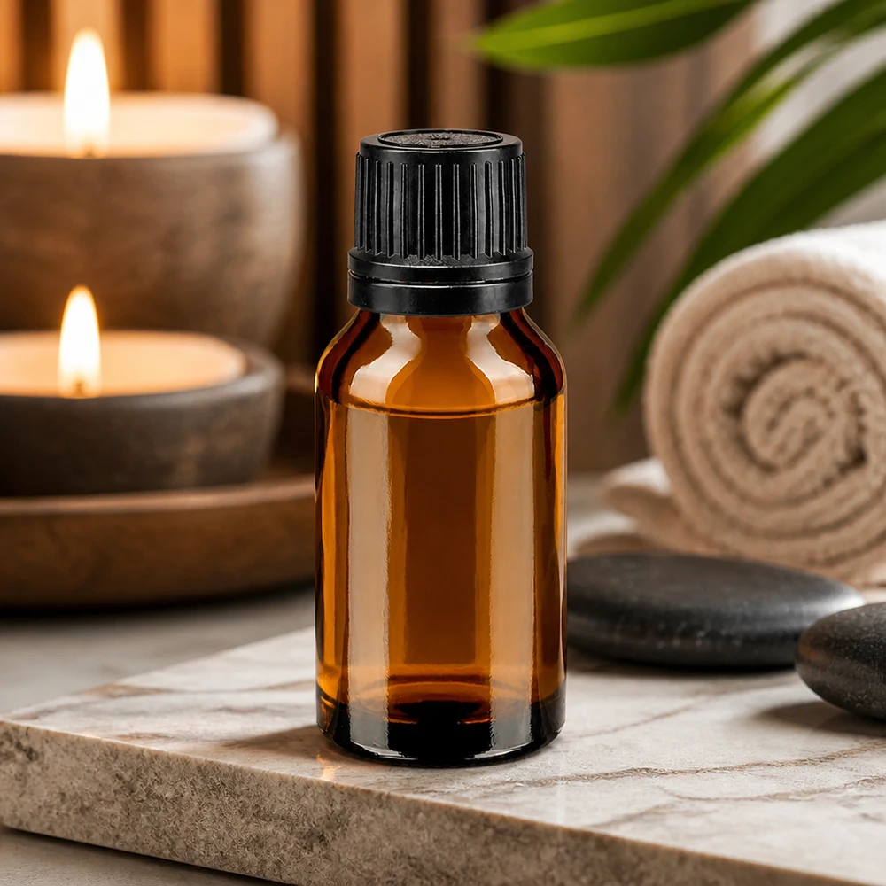 Solskyddsflaska för apotek, 15 ml, av bärnstensfärgat glas med originalförslutning på marmor
