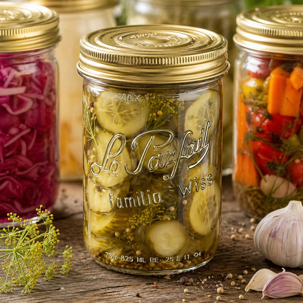 Le Parfait® Familia Wiss 1 kg Ø100 mm burk 1020ml Sturzglas Familia Wiss mit 2-teiligem Deckel für Einmachen von Gurken und Gemüse in rustikaler Küche