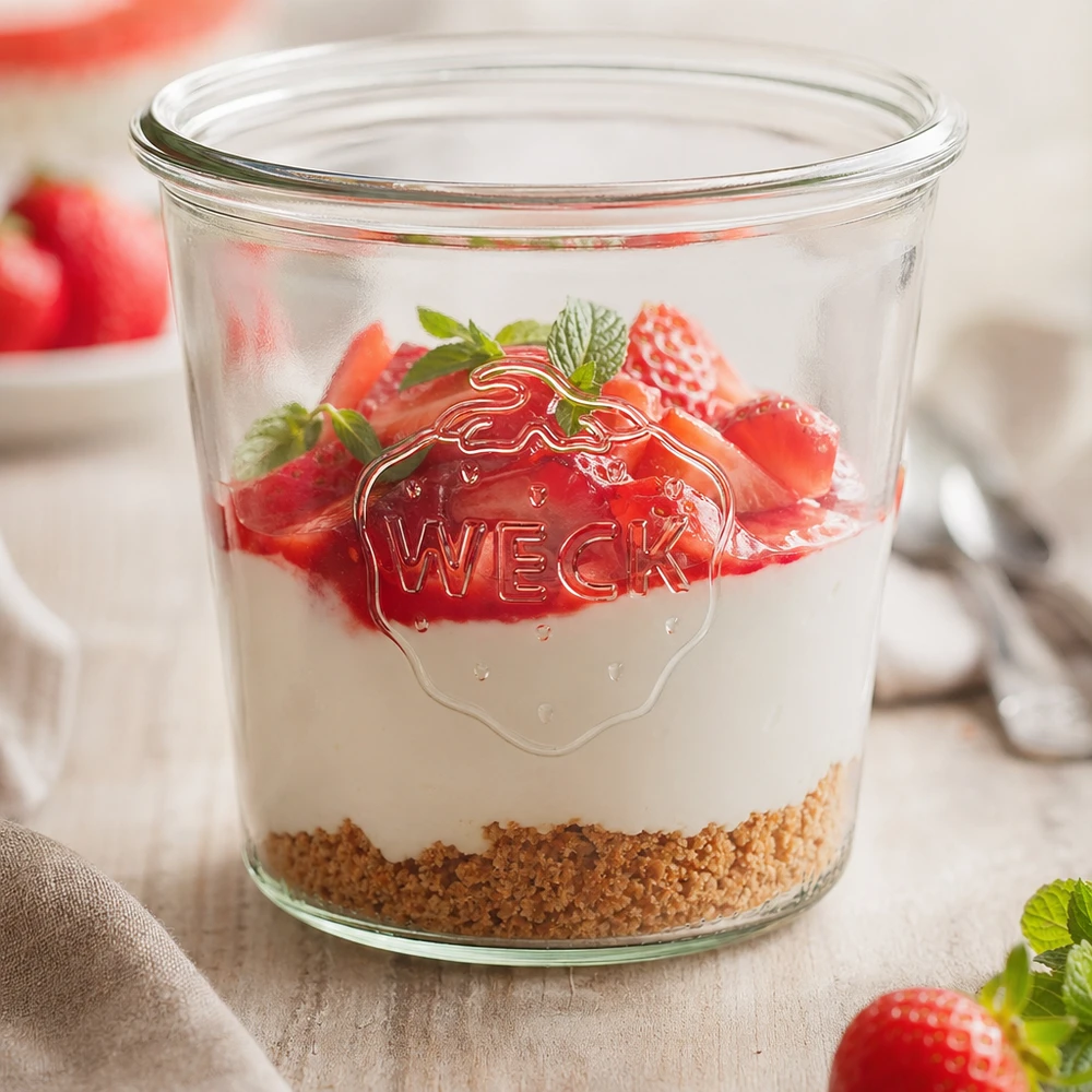 WECK 580 ml RR100-glas fyllda med jordgubbar och yoghurt som en dessert i en burk på ett träbord