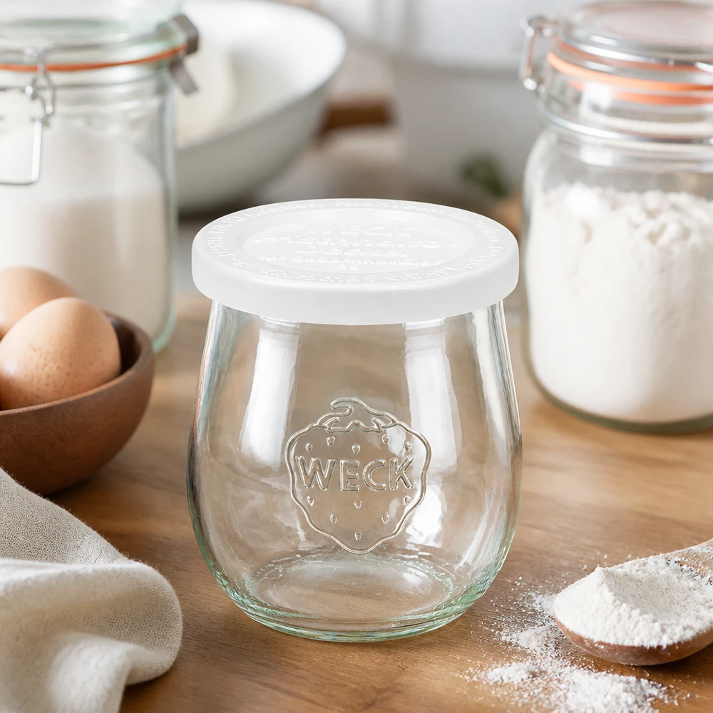 WECK tulpanburk 220ml RR60 i bakningskök med mjöl och ägg - konserveringsburk för bakning och köksförvaring