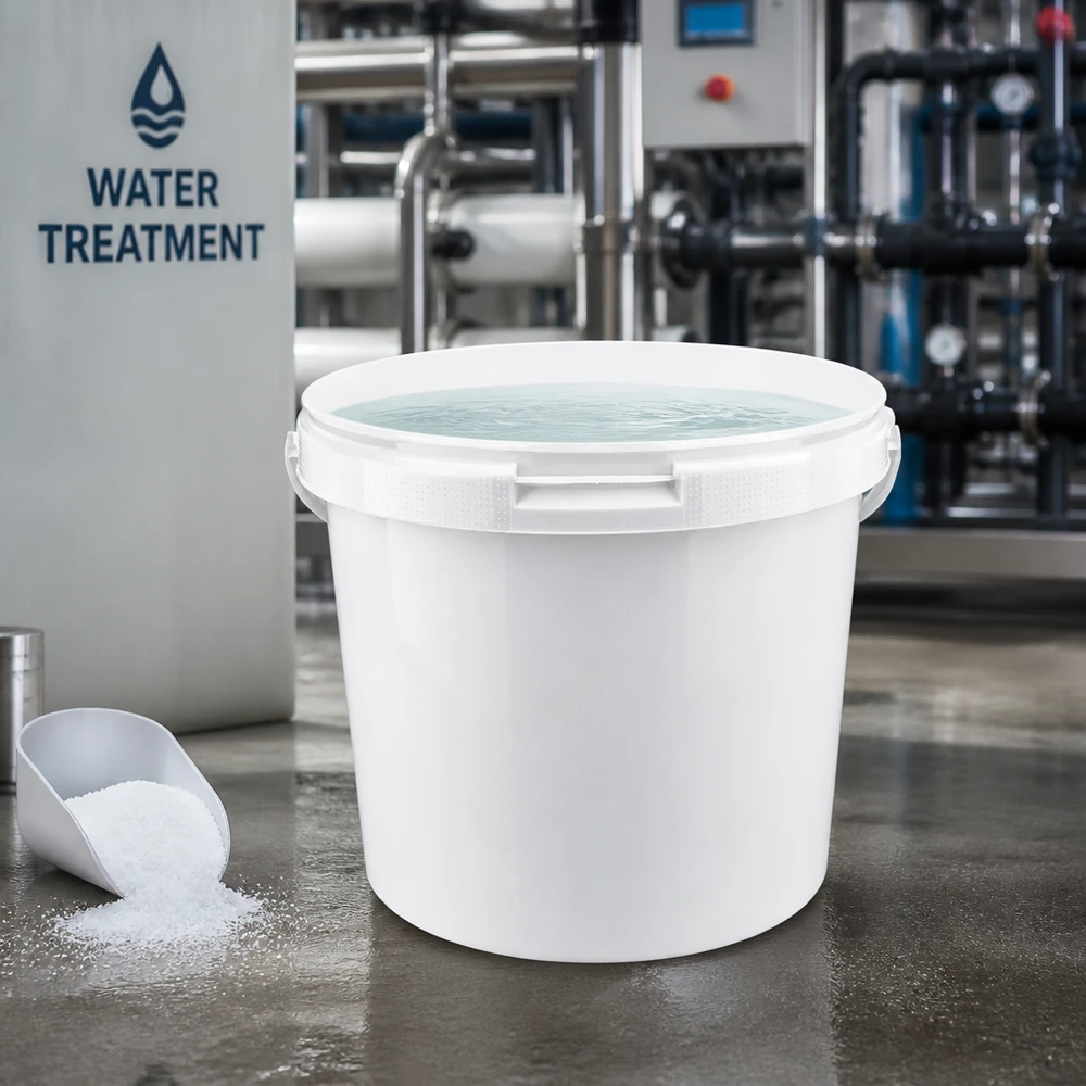 Hink 5.6L av vit polypropenplast utan lock Vit PP-plasthink, 5,6 liter, utan lock, vid användning av kemikalier i vattenreningsverket