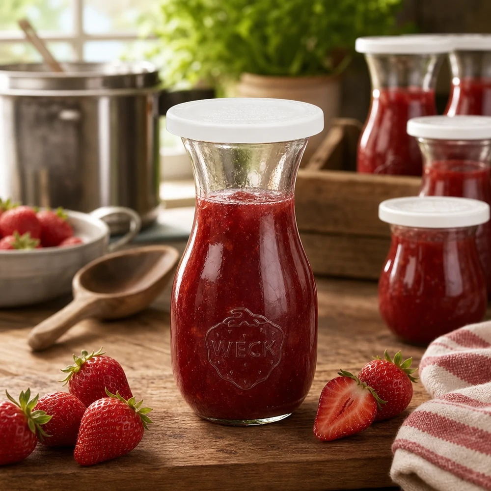 WECK 290 ml juiceflaska fylld med röd jordgubbssylt omgiven av färska jordgubbar på ett träbord