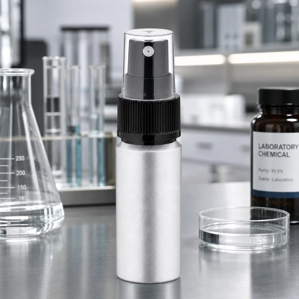 20ml flaska i betad aluminium med atomiserare Kompakt 20 ml flaska i betad aluminium med svart atomiserare för mobila applikationer