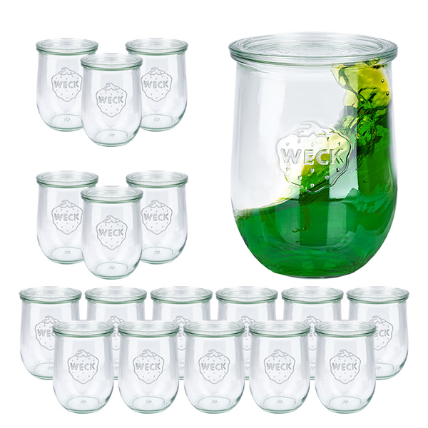 Set med 18 burkar Weck 1062 ml, tulpanformade, 1 liters glas med glaslock