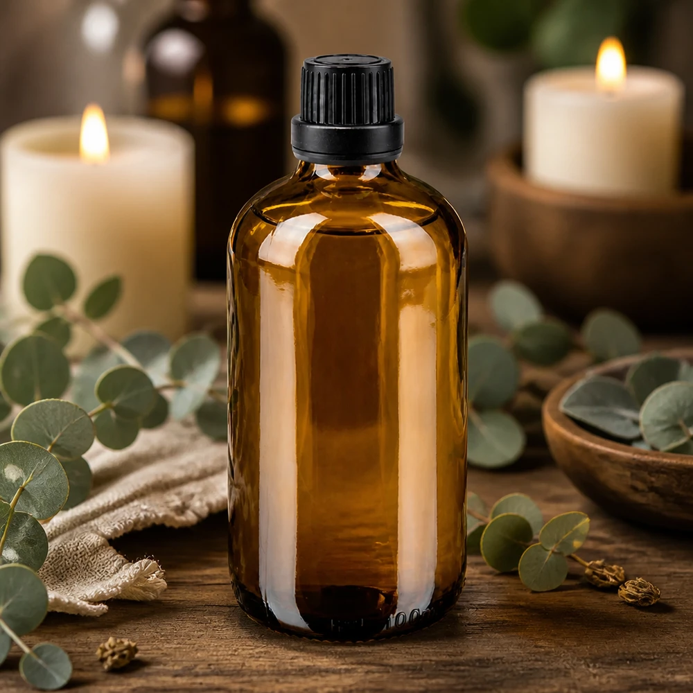 Apoteksflaska brun 100ml skruvkork svart säkerhetsförslutning Brun glasflaska, 100 ml, med barnsäker skruvkork i svart för eteriska oljor