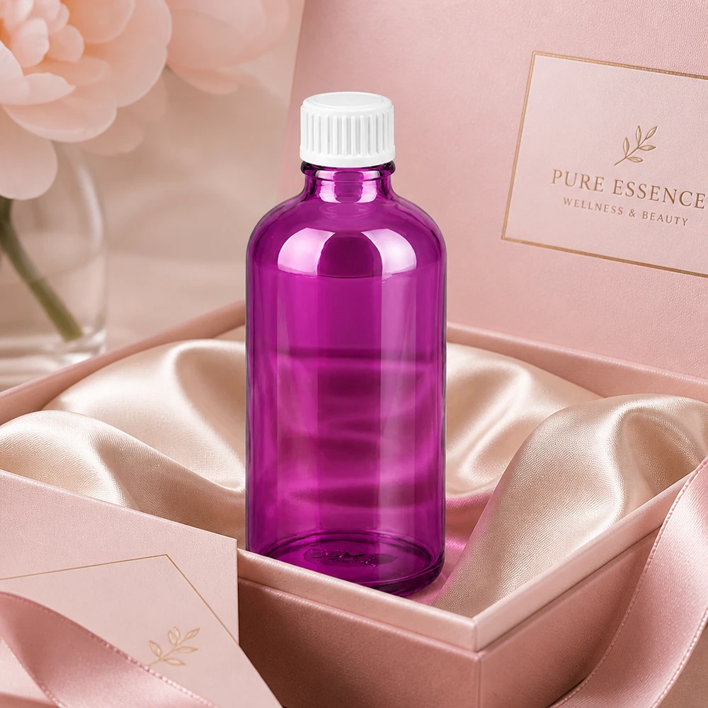 100ml (globule) flaska 3mm hällring vit Standard PurpleLine. UT18/100 Elegant violett glasflaska 100 ml med UT18-gänga för högkvalitativa hälso- och skönhetsprodukter
