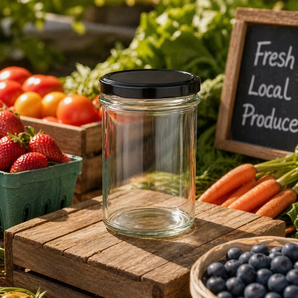 Muggar med en volym på 230 ml med lock BasicSeal svarta UNiTWIST 230 ml murarburk med svart BasicSeal-lock mellan färsk frukt och grönsaker på träbord Farmers Market-scen