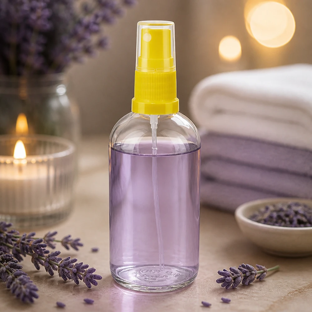 Lavendelsprayflaska 100 ml, gul pump, genomskinlig behållare, wellness och aromaterapi