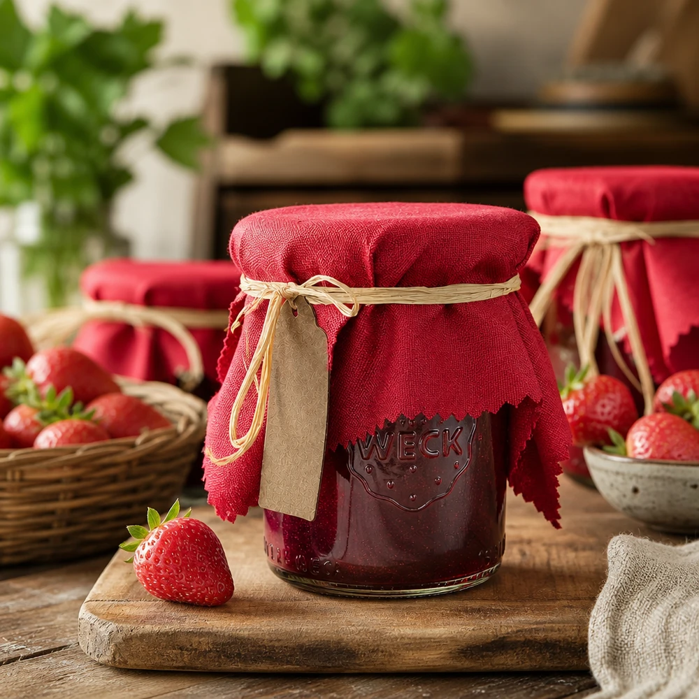 Material-servett, bordeaux, kvadratisk, 15 cm Bordeauxröd 15 cm smyckesduk i tyg med raffia och kraftpappershänge på syltburk med jordgubbar