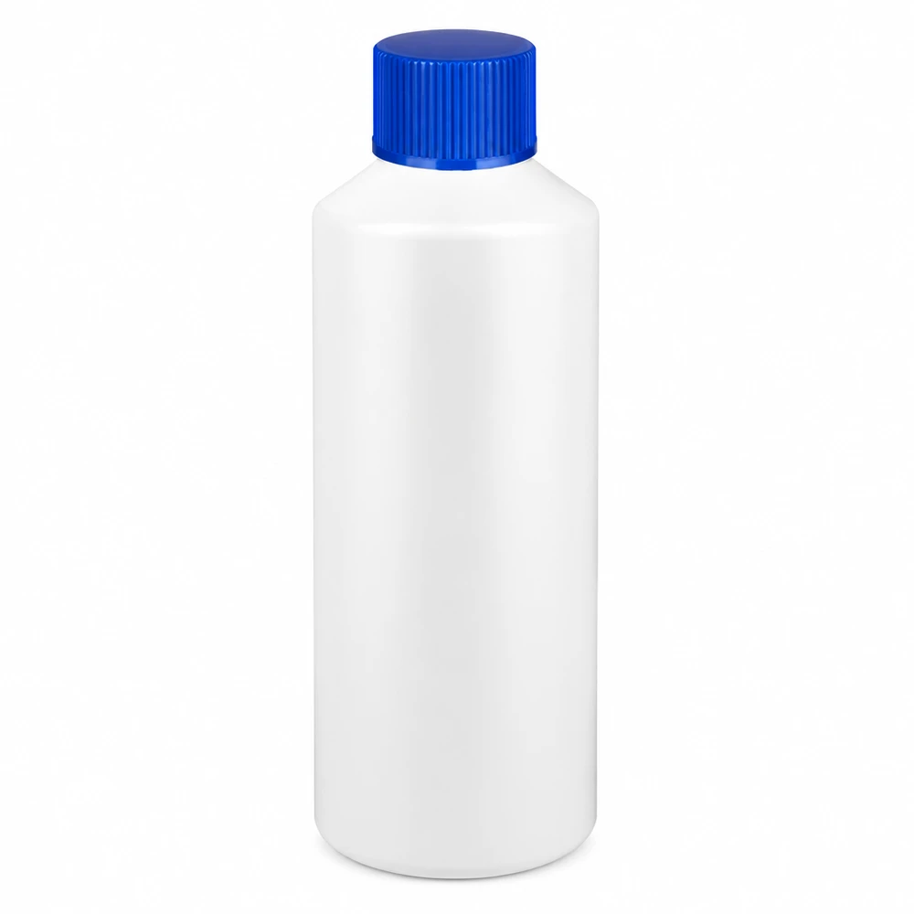 Apoteksflaska HDPE 100ml vit, med blått skruvlock Vit HDPE-apotekflaska på 100 ml med blå skruvkork, tillverkad av högkvalitativ plast