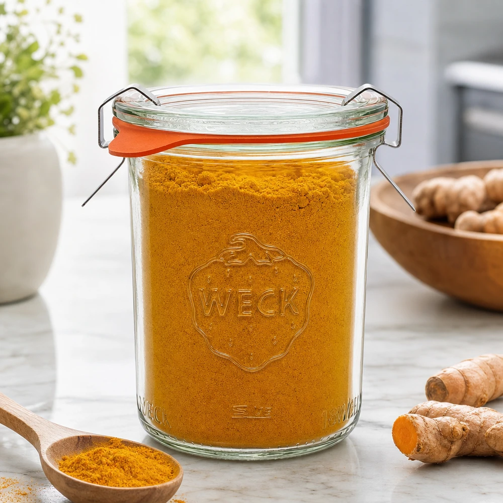 160ml Krossade glasögon komplett WECK RR60 WECK Sturzglas 160ml RR60 mit Kurkumapulver gefüllt neben Ingwerwurzeln zeigt perfekte Gewürzaufbewahrung