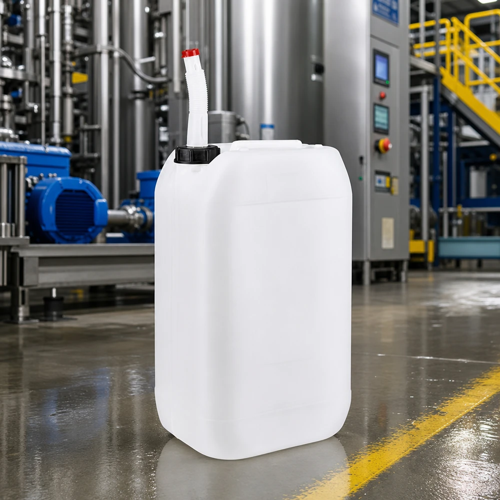 15-liters industrikanister med böjbart utloppsrör i produktionshallen