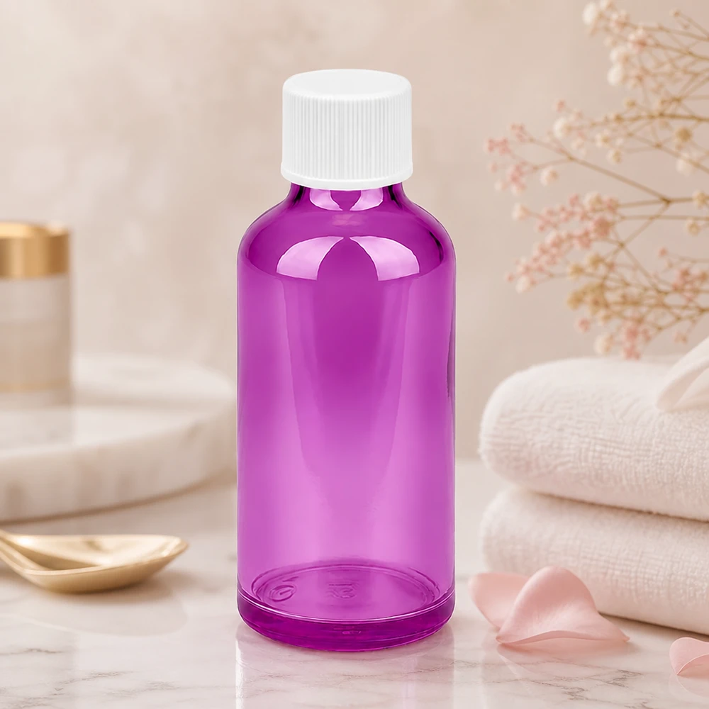 50ml flaska 11mm skruvkork vit standard PurpleLine UT18/50 Elegant 50 ml flaska i transparent violett glas med vitt skruvlock för aromaterapi