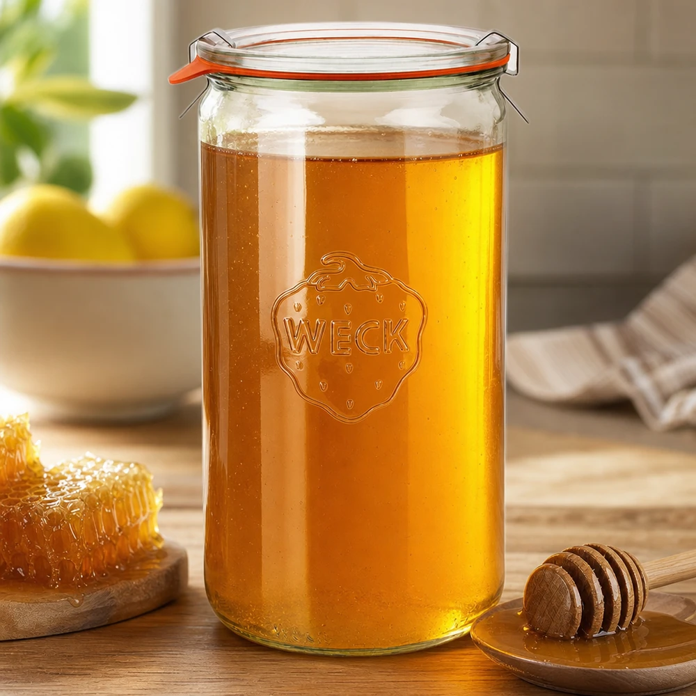 WECK cylinderburk 1590ml RR100 fylld med honung svängbar topp orange gummiring trä honungssked honungskaka
