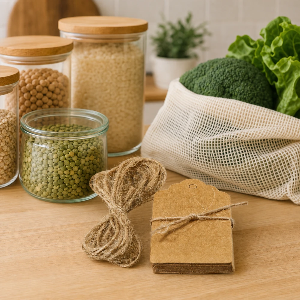 Hållbara kraftpappersetiketter med naturfiberkord tillsammans med avfallsfria produkter och nätpåsar för ett plastfritt kök