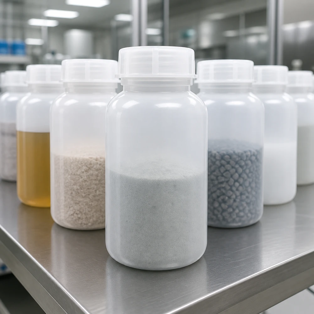 Großer Schraubverschluss einer 500ml Weithalsflasche ermöglicht einfaches Befüllen im Laboralltag
