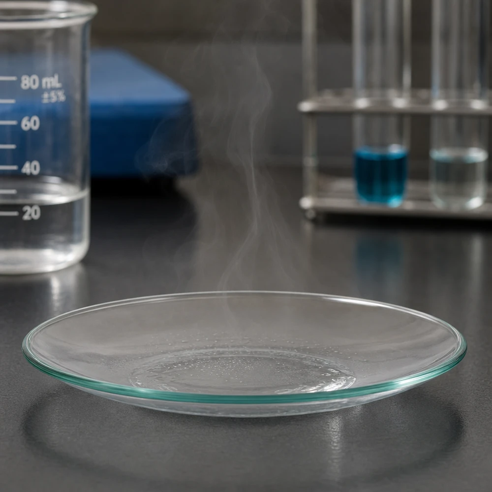 Platt glasskål 120 mm transparent, idealisk för avdunstningsexperiment i laboratoriet