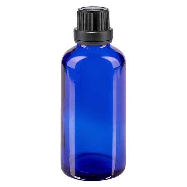 Apoteksflaska blå 50ml dropplock hällring 2mm svart manipuleringssäker förslutning Apoteksflaska blå 50ml dropplock hällring 2mm svart manipuleringssäker förslutning