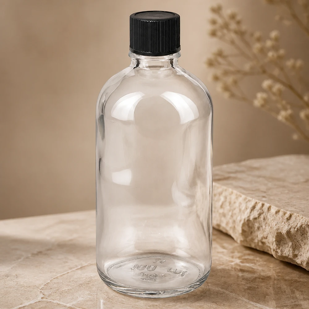 Genomskinlig 100 ml apoteksflaska med svart skruvlock på ljus marmorsten