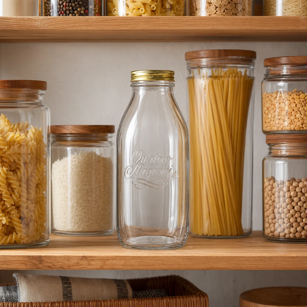 1000ml glasflaska "Quattro Stagioni" med lock Quattro Stagioni 1000 ml glasflaska i organiserat skafferi med förvaringsburkar, pasta och baljväxter