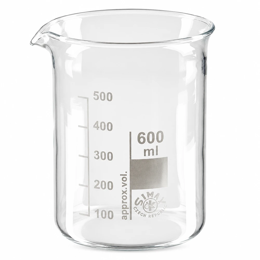 Bägare 600ml av borosilikatglas med låg gjutform och pip för laboratorium och kök