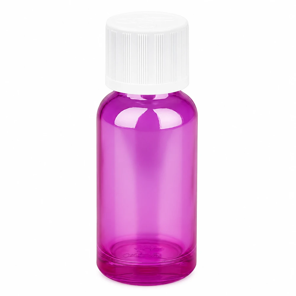 20 ml glasflaska lila transparent med vitt skruvlock för kosmetika och aromaterapi