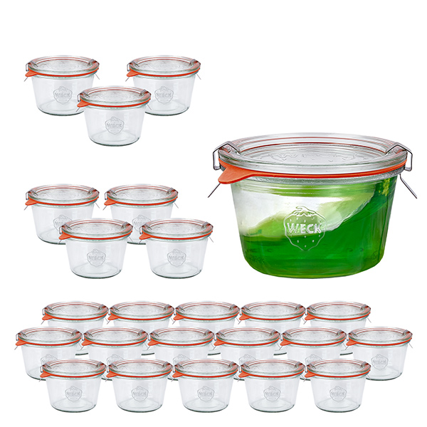Set med 24 Weck-burkar 370ml Krossade glasögon med 24 glaslock Set med 24 Weck-burkar 370ml Krossade glasögon med 24 glaslock
