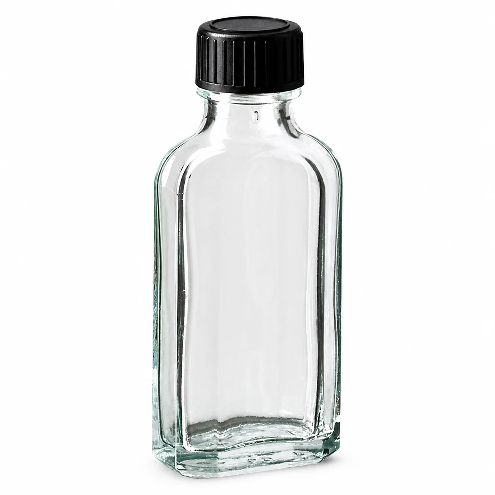 50 ml Meplat genomskinlig skruvkork med EPE-tätningsskiva 50 ml Meplat-glasflaska, klar, med svart skruvlock och EPE-tätningsring