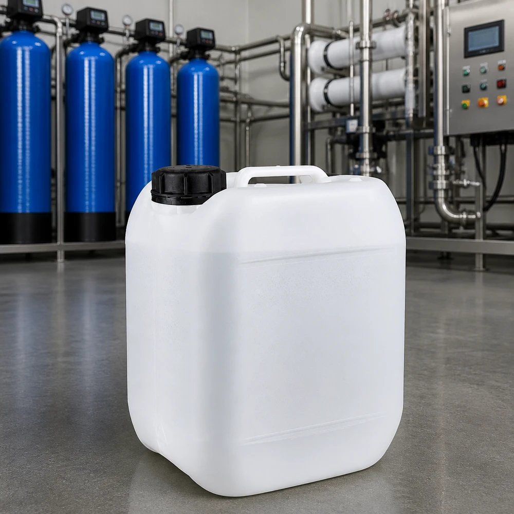Vit 5-liters plastdunk med skruvlock framför en industriell vattenreningsanläggning
