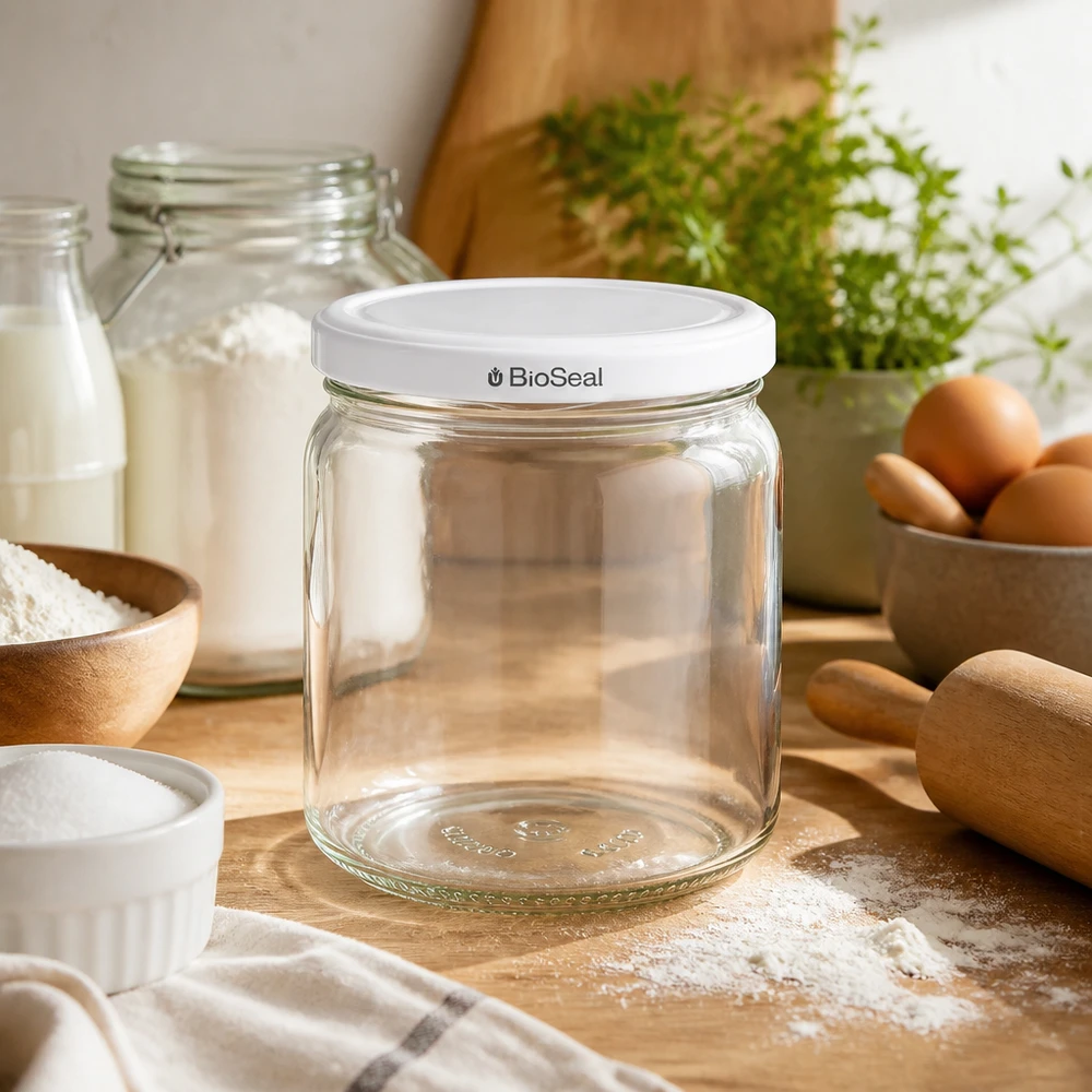 408 ml rund burk med vitt BioSeal-lock UNiTWIST UNiTWIST Runda408 leeres Einmachglas in gemütlicher Küche - vielseitiges Vorratsglas mit BioSeal für Backen und Kochen