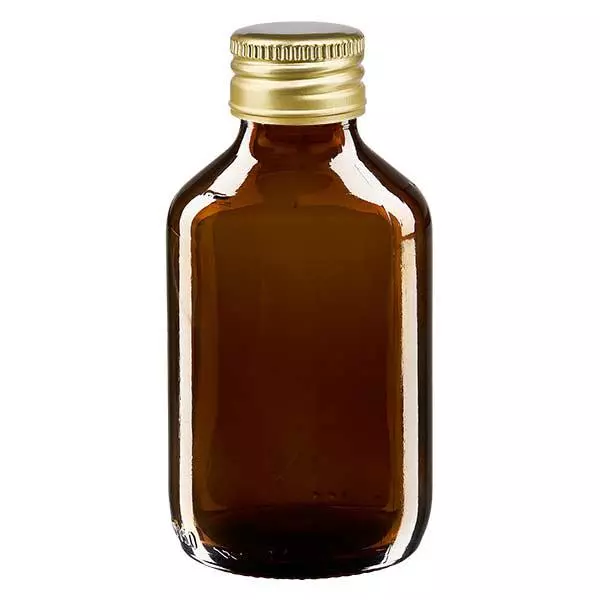 150 ml medicinflaska brun, med guldfärgat aluminiumlock ApoGlas 150 ml medicinflaska brun, med guldfärgat aluminiumlock ApoGlas