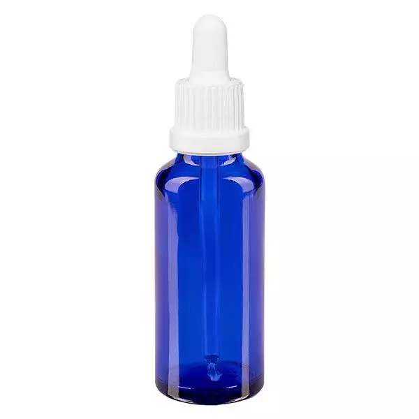 Apoteksflaska blå 30 ml pipett med vit förslutning Apoteksflaska blå 30 ml pipett med vit förslutning
