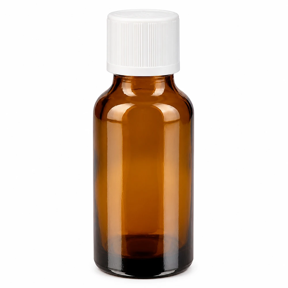 20 ml brun glasflaska med vitt barnsäkert lock och 1,2 mm droppinsats för apotek