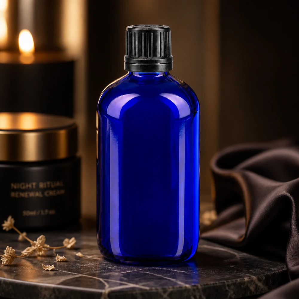 Blå 100 ml apotekerglasflaska med räfflad svart kork i en elegant nattmiljö