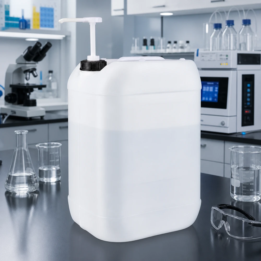 Dunk 25 liter med doseringspump Rektangulär 25-liters HDPE-dunk med uttagningspump i en modern laboratoriemiljö