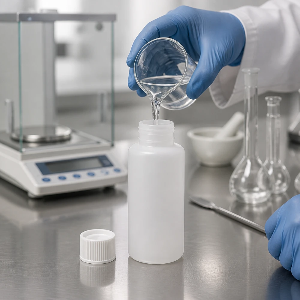 Apoteksflaska HDPE 30ml vit, med vitt skruvlock Laboratorietekniker fyller en vit 30 ml HDPE-apotekflaska med skruvlock på ett bord av rostfritt stål