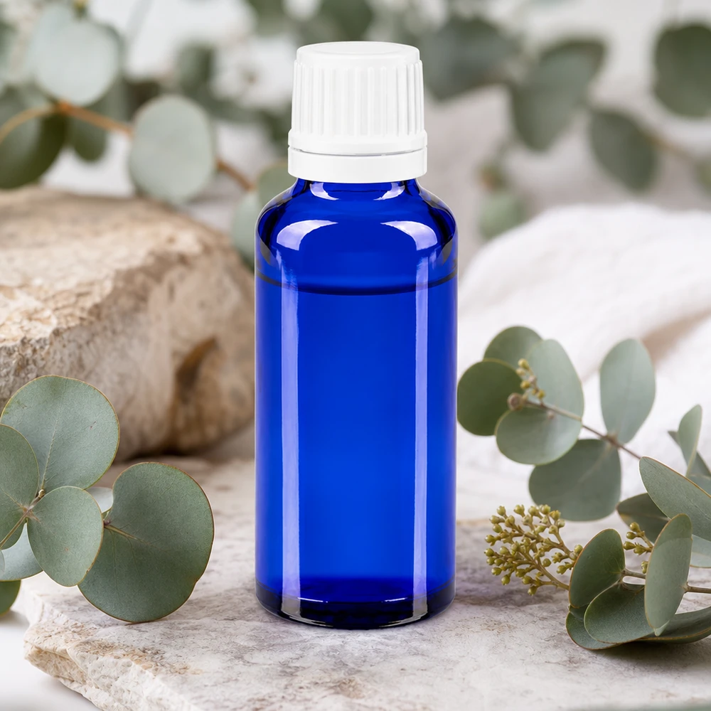 Apoteksflaska blå 30ml droppflaska 1,2mm vit barnsäker förslutning Koboltblå glasflaska på 30 ml med vit OV-droppinsats mellan eukalyptusgrenar på natursten