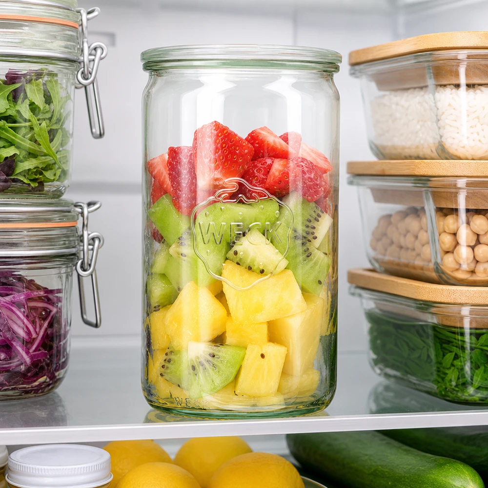 1590ml cylinderburk med glaslock WECK RR100 WECK cylinderburk 1590ml RR100 i kylen med färsk fruktsallad jordgubbar kiwi ananas mellan andra förvaringsburkar