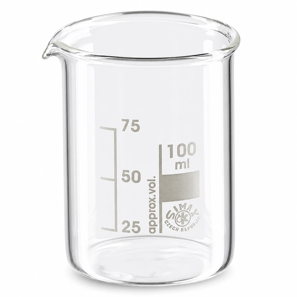 Bägare 100 ml tillverkad av högkvalitativt borosilikatglas med pip och graderingsskala i låg form