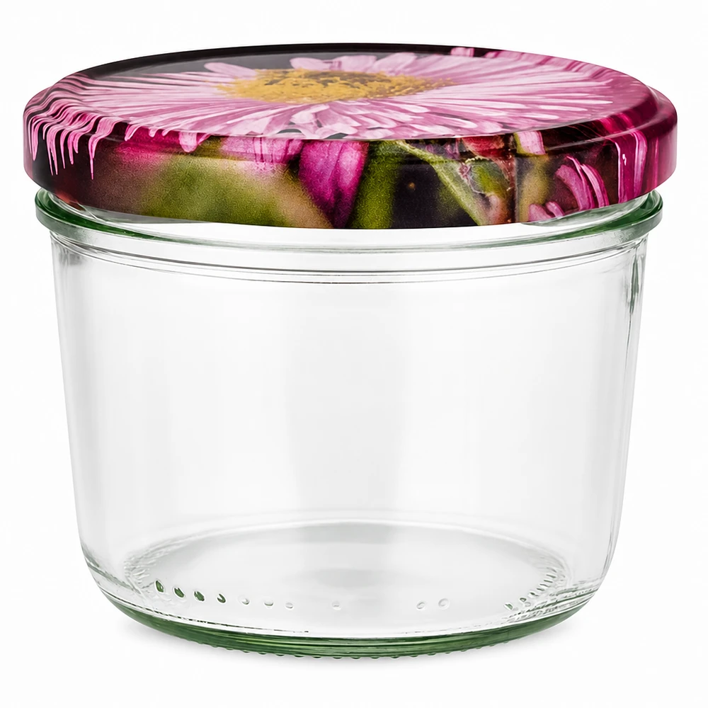 230ml Krossade glasögon + BasicSeal lock blommig design UNiTWIST 230 ml murarburk med BasicSeal-lock i blommönster, tom murarburk med rosa blommönster på vit bakgrund