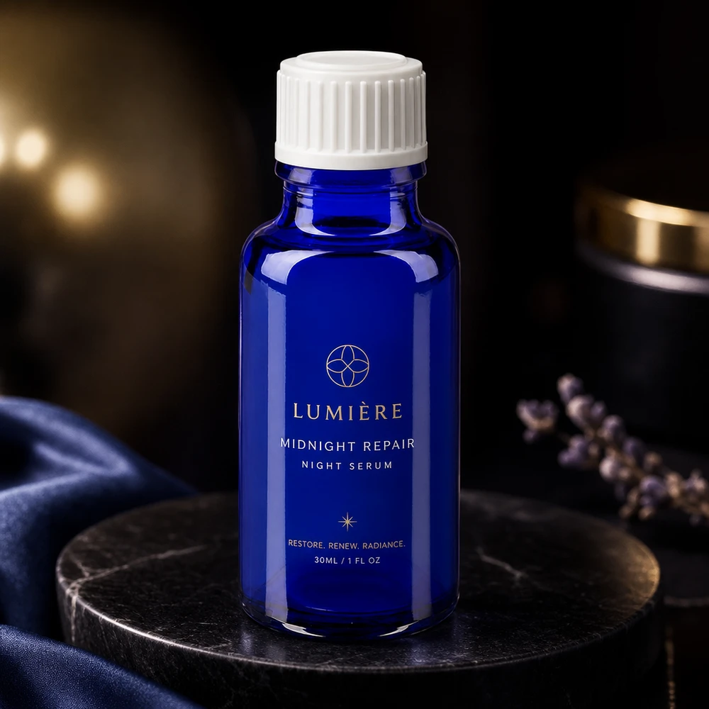 Apoteksflaska blå 20ml skruvlock vita globuler standard Rund 20 ml apotekarflaska av koboltblått glas med räfflad vit skruvkork