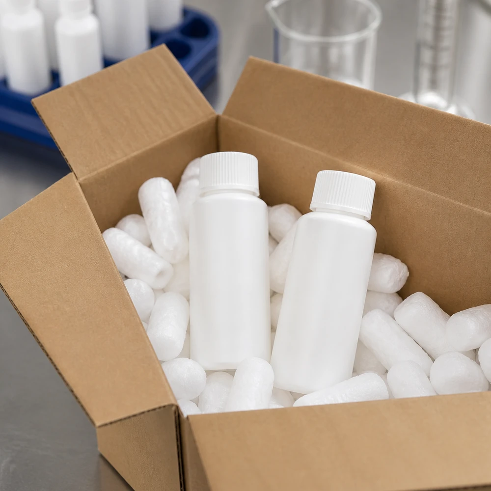 Apoteksflaska HDPE 30ml vit, med vitt skruvlock Två vita HDPE-apotekflaskor à 30 ml med säkerhetslock i en fraktkartong med fyllnadsmaterial