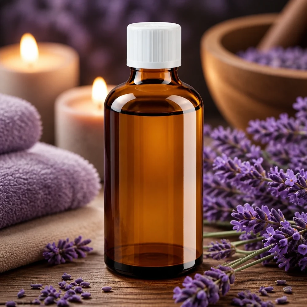 Apoteksflaska brun 50ml dropplock vit barnsäker standard 50 ml brun glasflaska med lavendelblommor, vit barnsäkerhetskork och droppinsats 1,2 mm